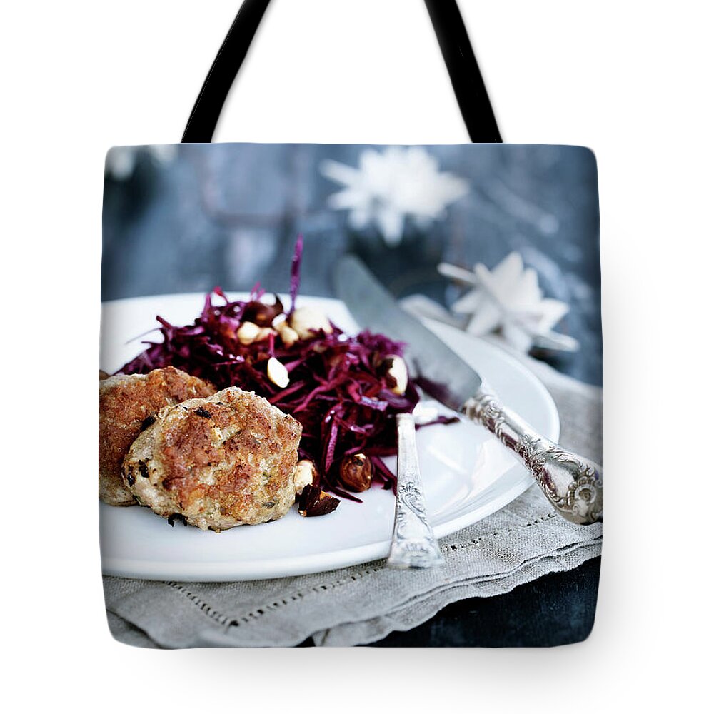 Croquette Tote Bag featuring the photograph Plate Of Meatballs And Salad by Line Klein