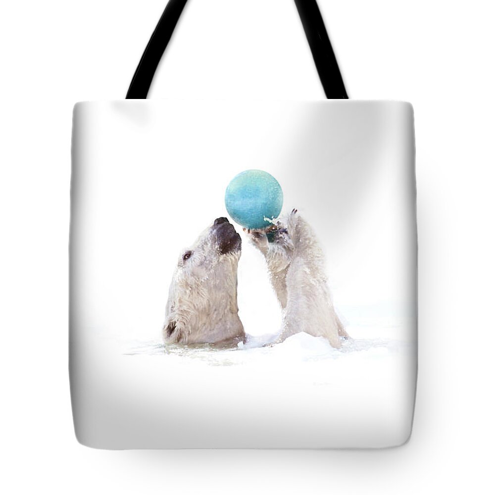 Ball Tote Bag featuring the photograph Polar Bear Playing With Earth-like Ball by Michael Duva