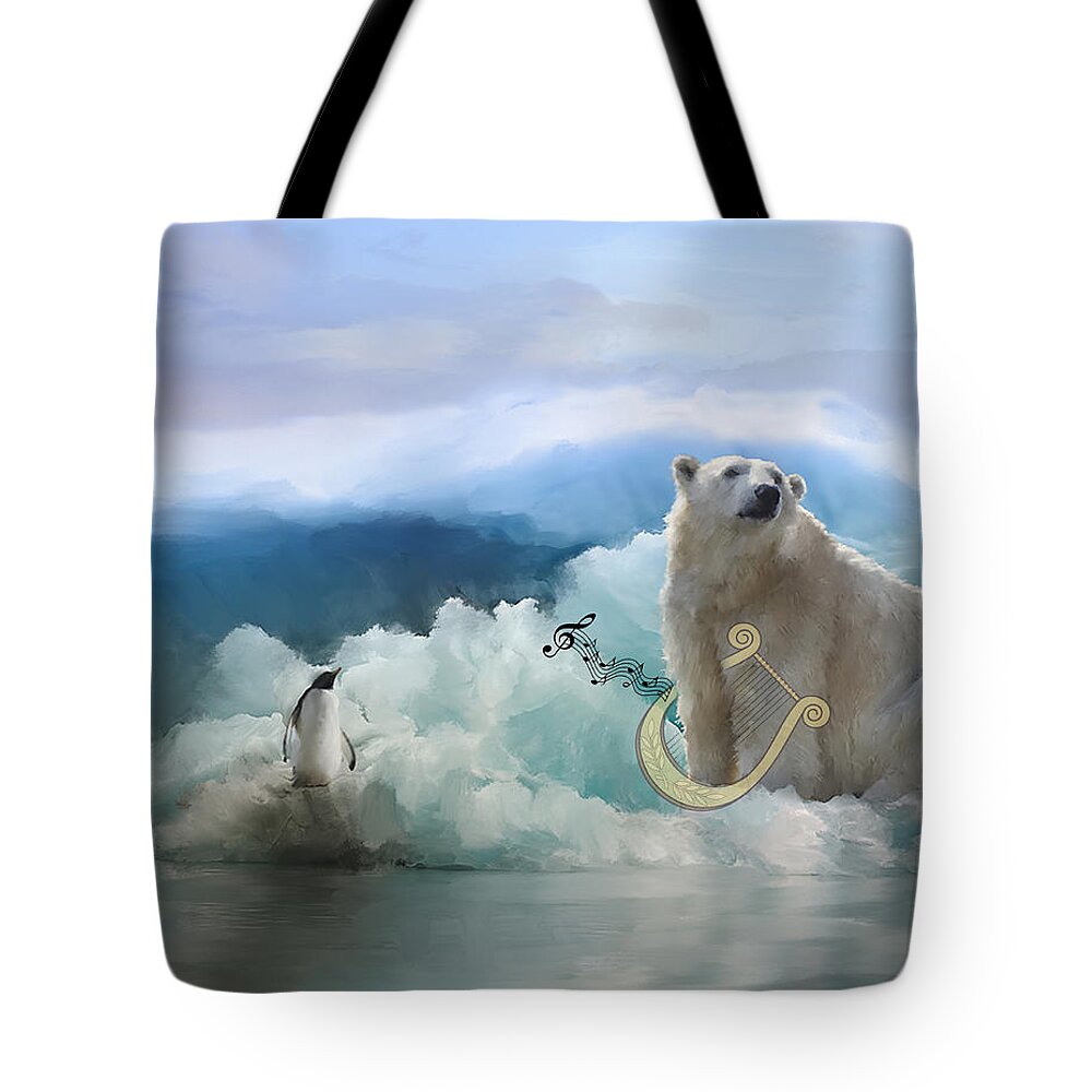 Polar Bears Tote Bag featuring the mixed media Polar Bears Play the Lyre by Colleen Taylor