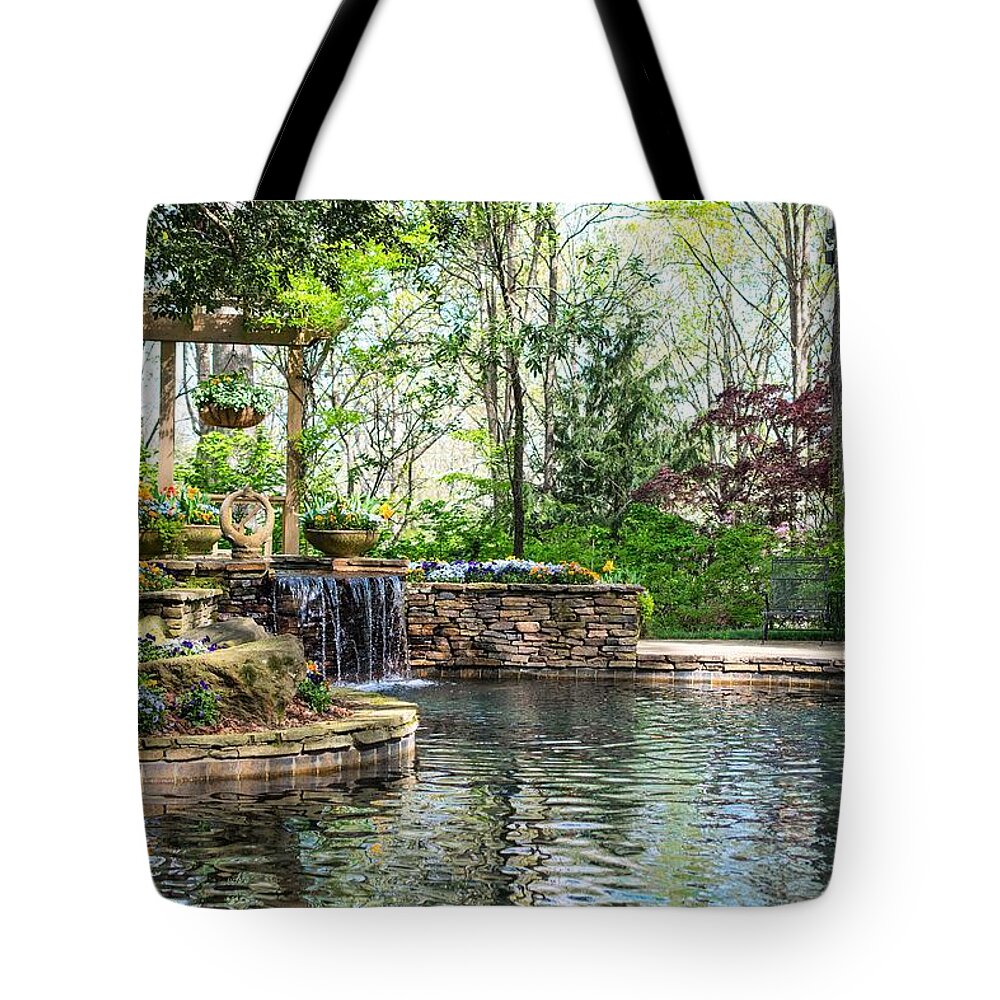 Pool Tote Bag featuring the photograph Poolside Serenity at Gibbs Gardens by Mary Ann Artz