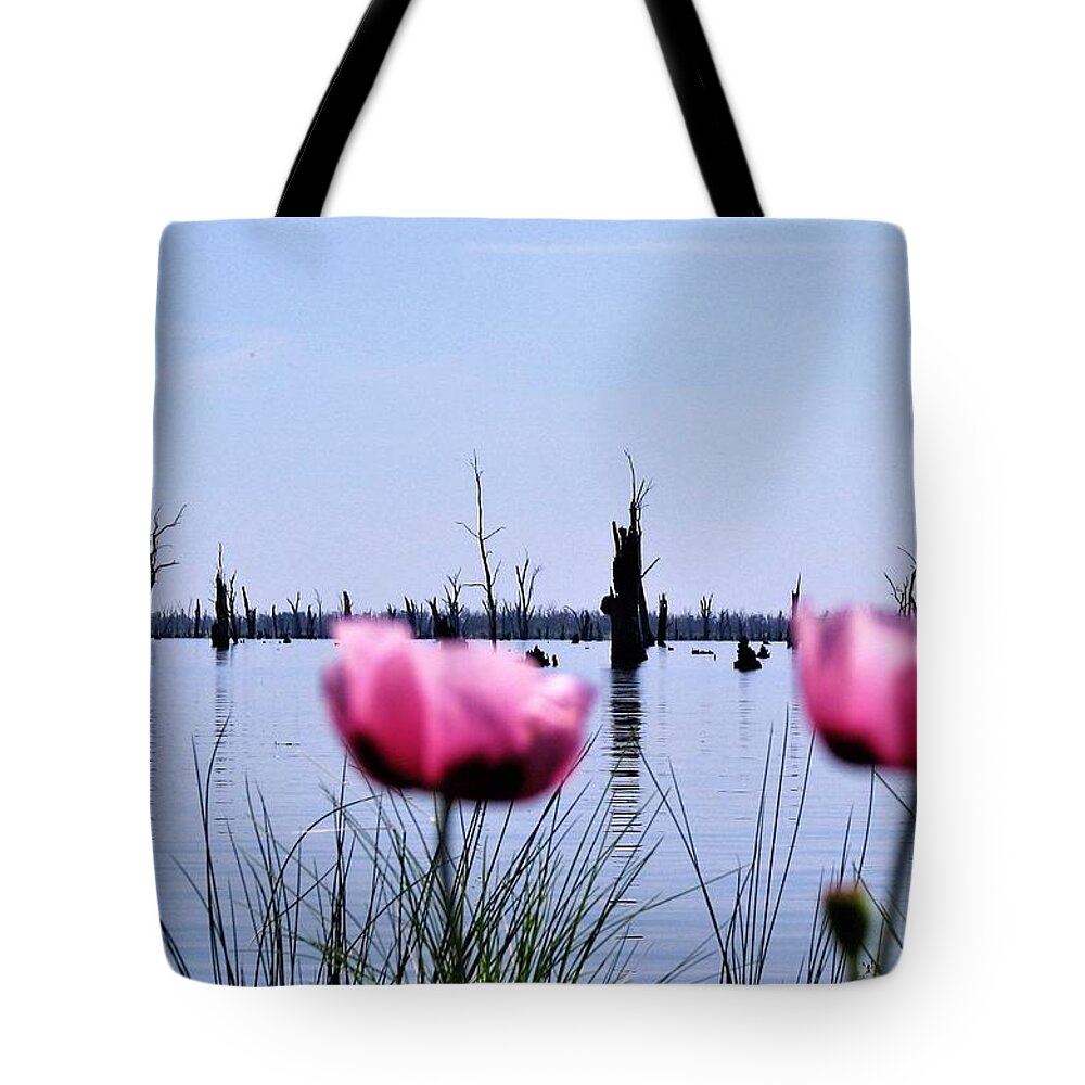 Lake Mulwala Tote Bag featuring the photograph Poppies on Lake Mulwala by Joan Stratton