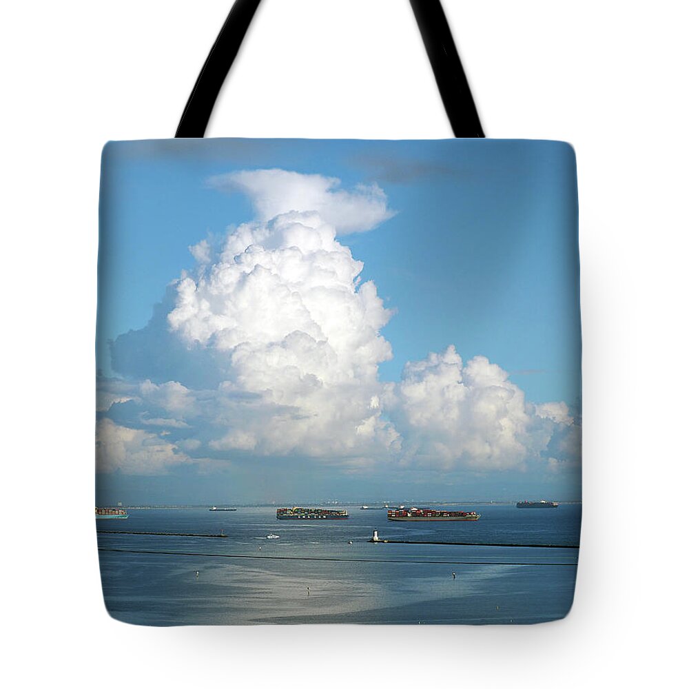 Los Angeles Harbor Tote Bag featuring the photograph Port of Los Angeles with thundercloud by Joe Schofield