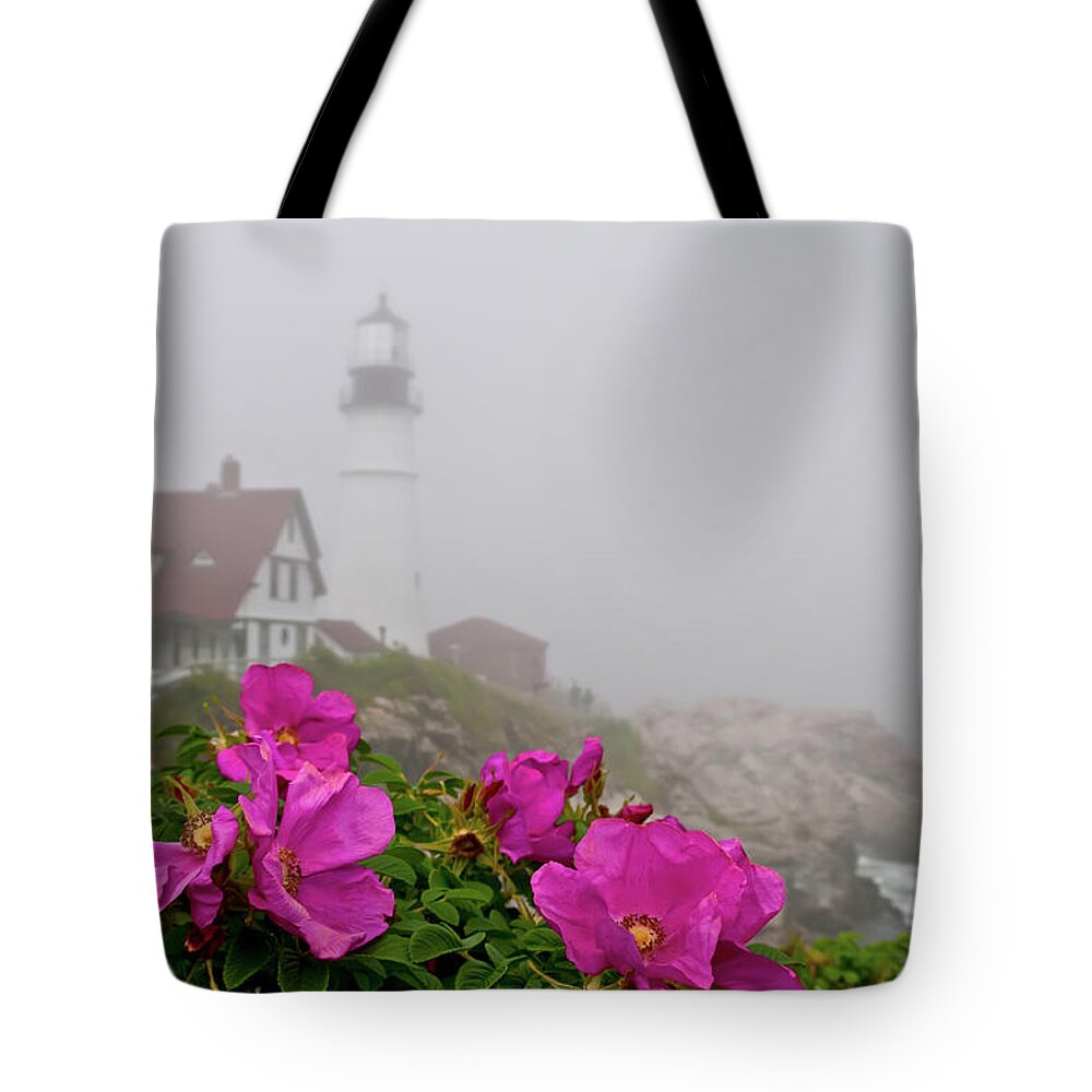 Built Structure Tote Bag featuring the photograph Portland Headlight With Rosa Rugosa And by Www.cfwphotography.com