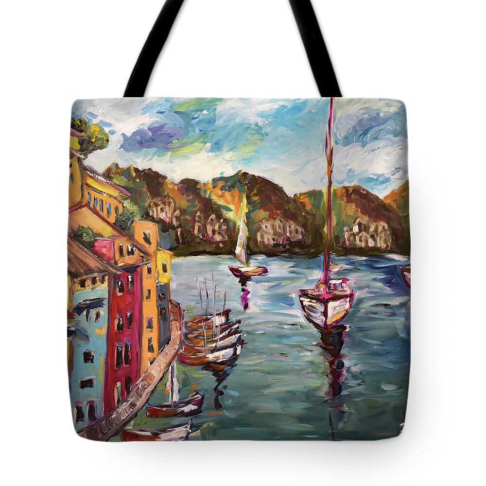 Portofino Tote Bag featuring the painting Portofino Harbor by Roxy Rich