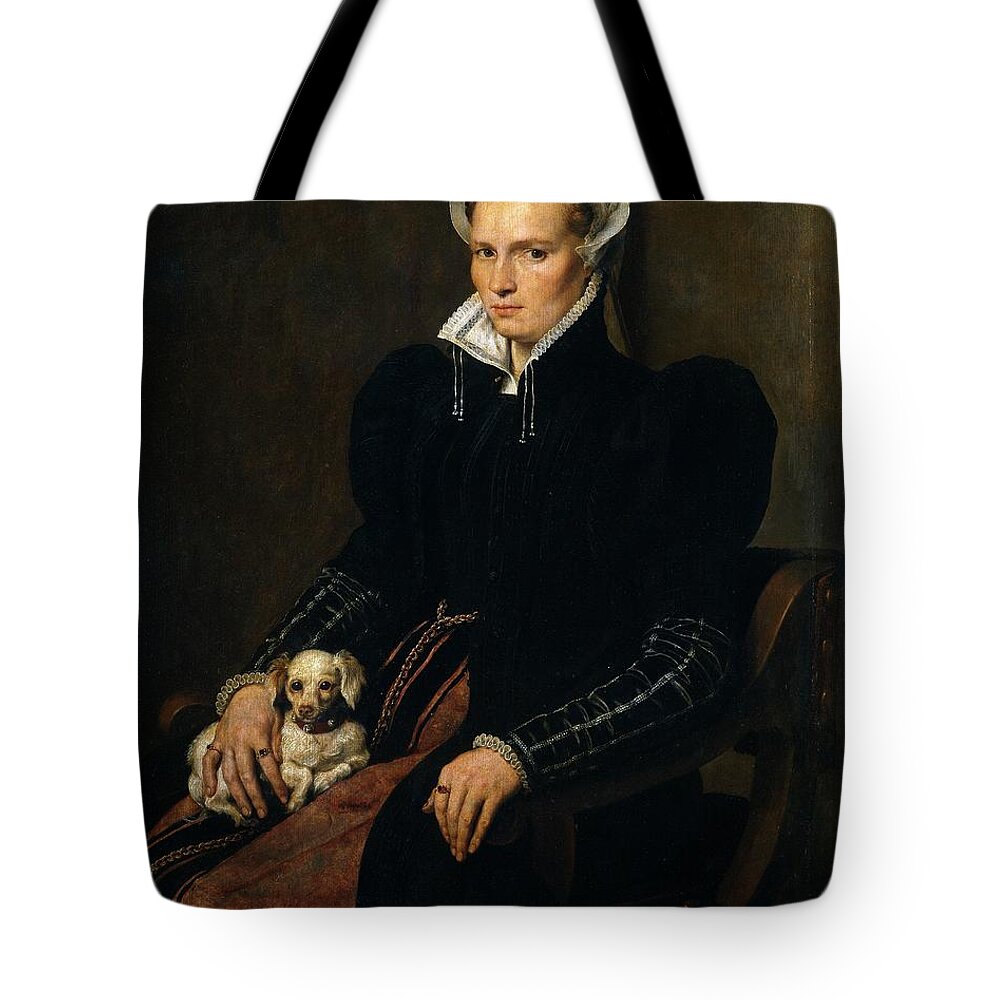Antonis Mor Tote Bag featuring the painting 'Portrait of a Married Woman', 1560-1565, Flemish School, Oil on panel, 100 cm x 8... by Antonio Moro -c 1519-c 1576-