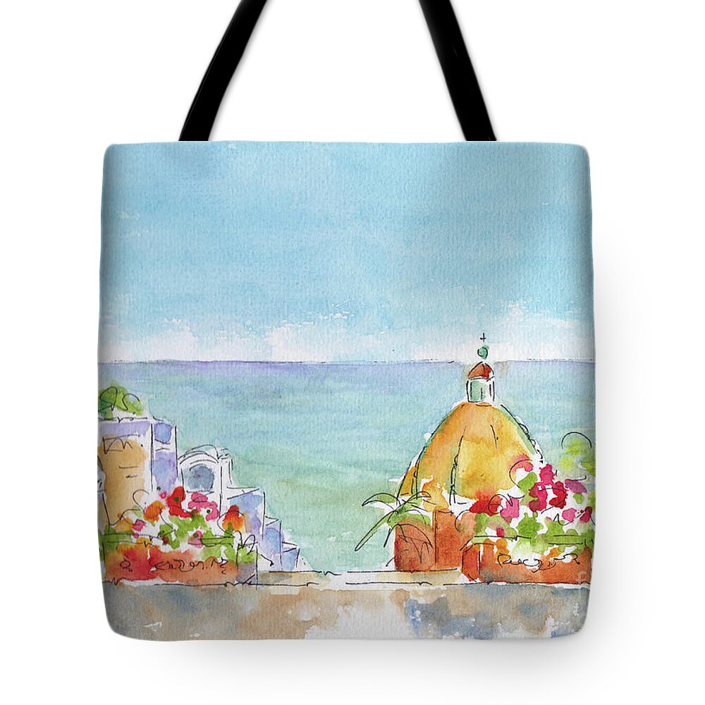 Impressionism Tote Bag featuring the painting Positano Italy Looking Out To Sea by Pat Katz