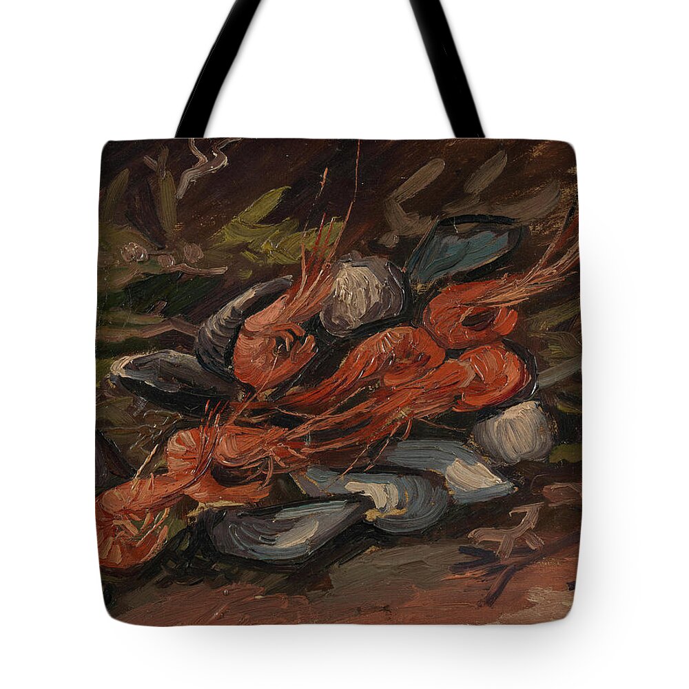 Vincent Van Gogh Tote Bag featuring the painting Prawns and Mussels by Vincent Van Gogh