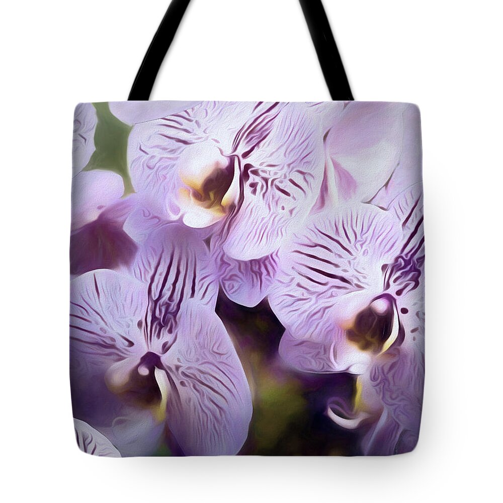 Flowers Tote Bag featuring the mixed media Pretty Purple Petals Abstracted 8 by Lynda Lehmann