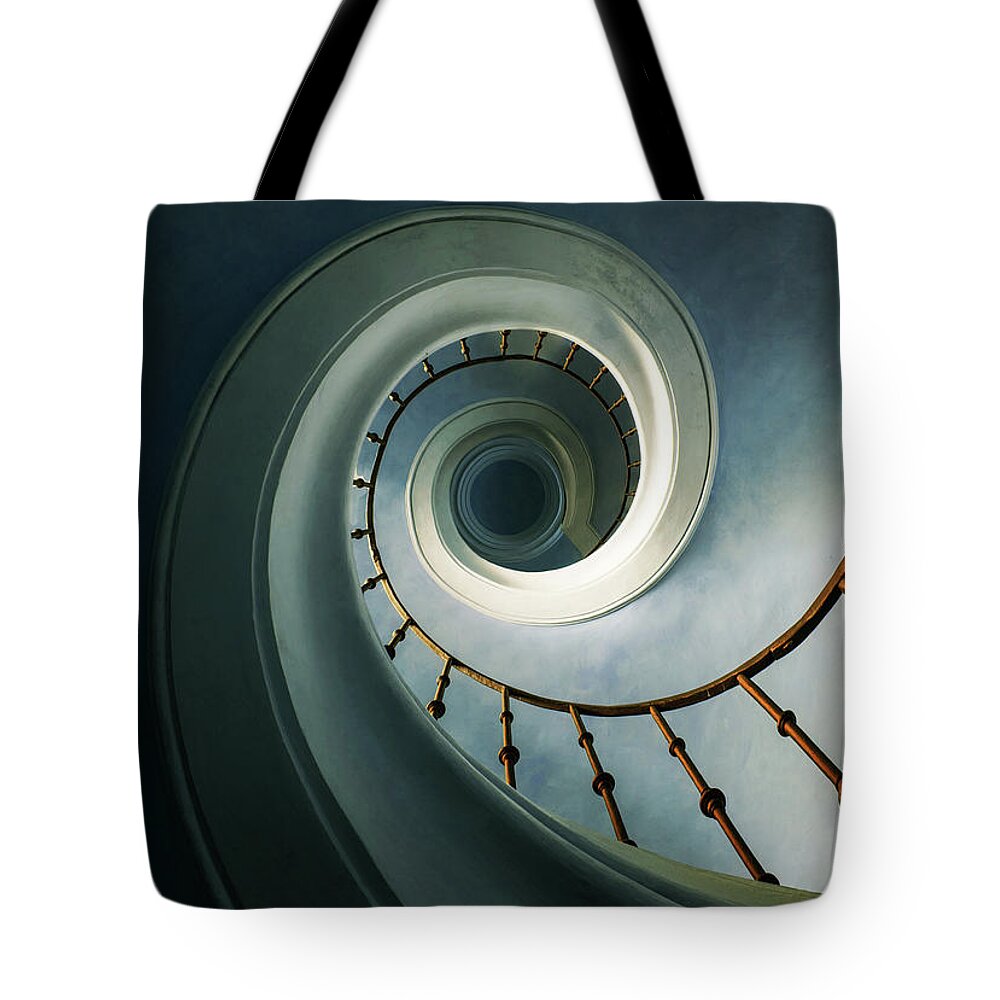 Staircase Tote Bag featuring the photograph Pretty spiral staircase in blue and green tones by Jaroslaw Blaminsky