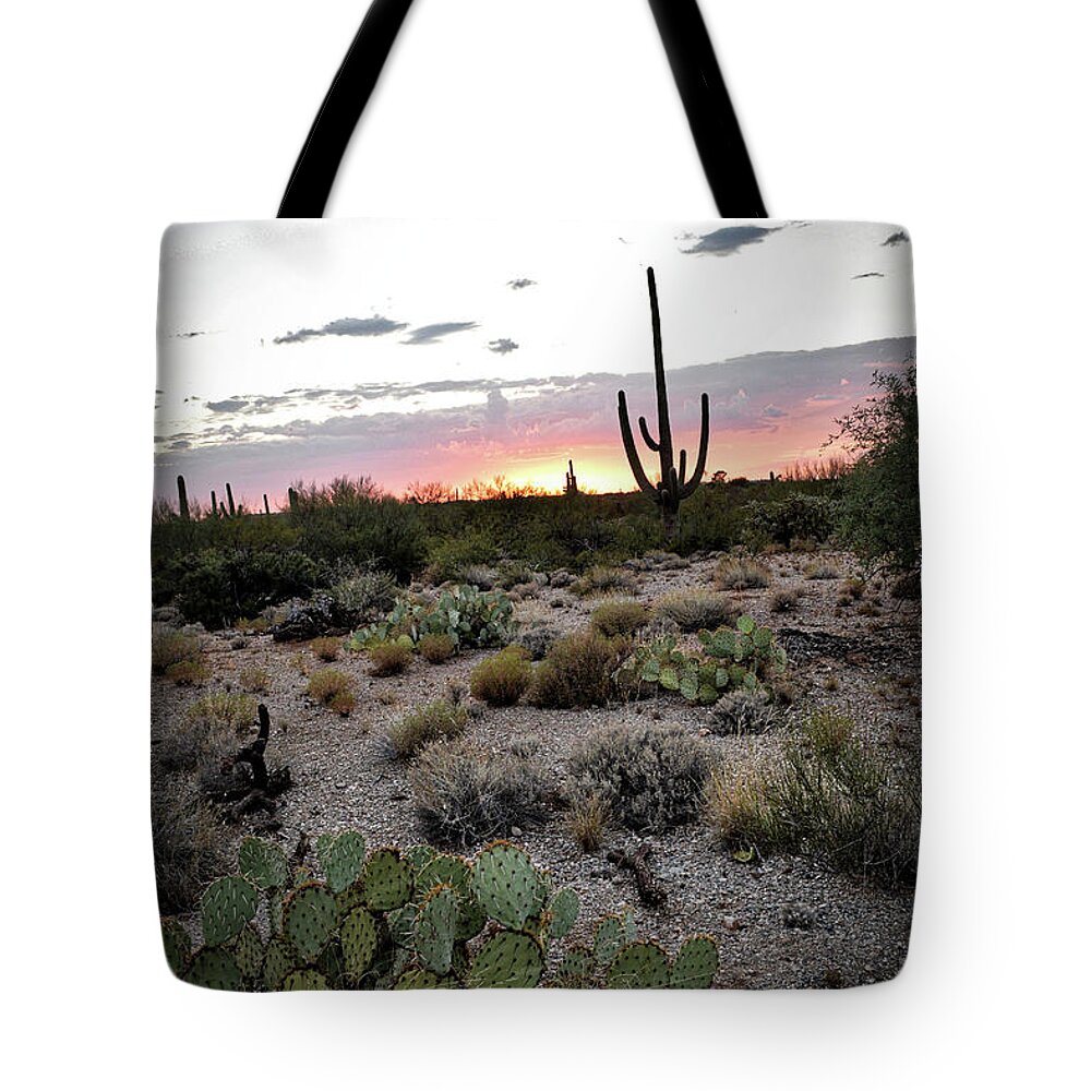 Prickly Tote Bag featuring the photograph Prickly Pear and Saguaro during an Arizona sunset by Chance Kafka