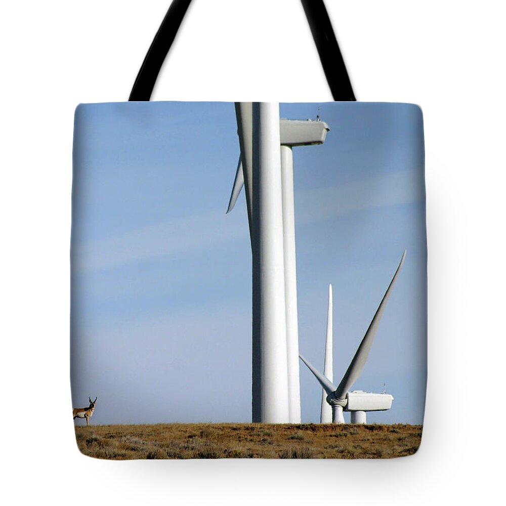 Wildlife Tote Bag featuring the photograph Pronghorn and Turbines by Jonathan Thompson