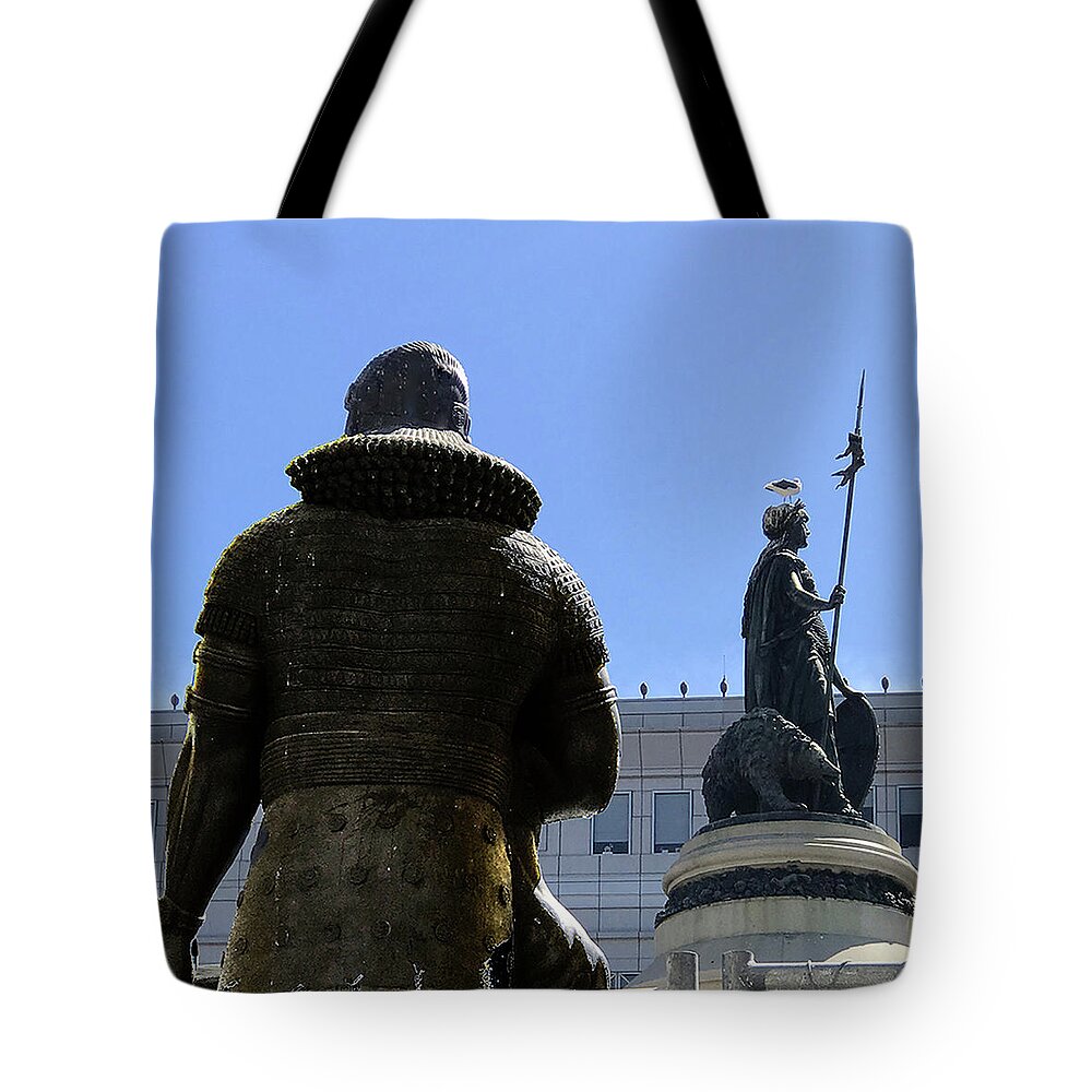 Statues Tote Bag featuring the photograph Protecting Us from Evil and Pigeons by Jessica Levant