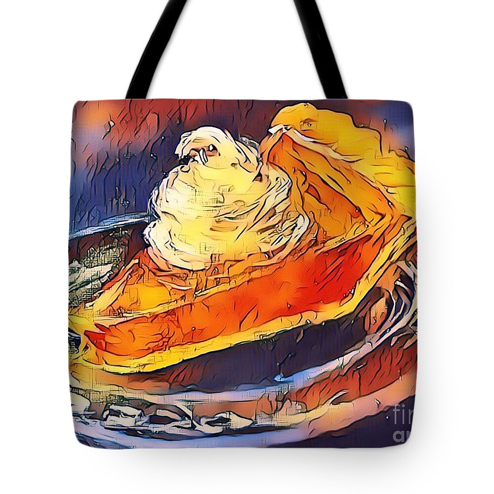 Pumpkin Pie Slice On A Plate With Topping Tote Bag featuring the mixed media Pumpkin Pie - 2 by Lavender Liu