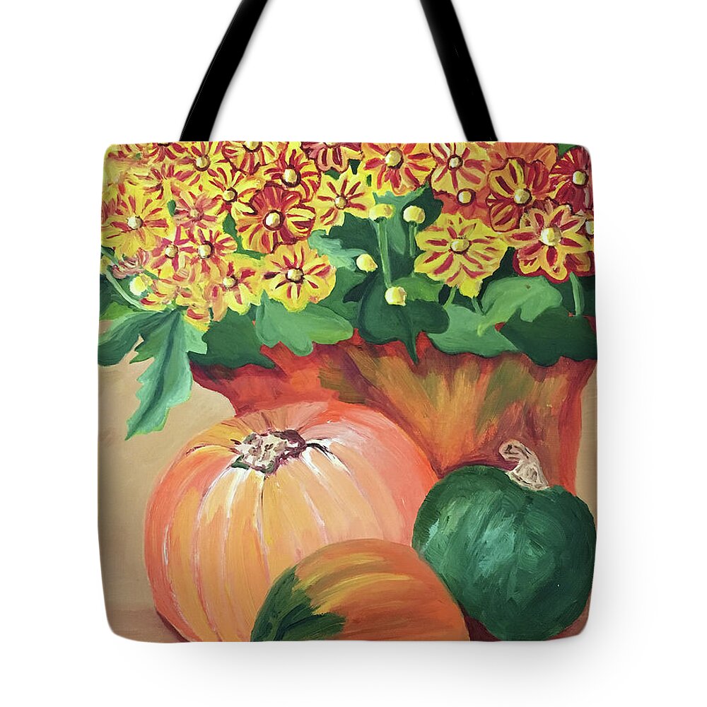 Pumpkin With Flowers By Annette M Stevenson;fall Season Collection By Annette M Stevenson Tote Bag featuring the painting Pumpkin with Flowers by Annette M Stevenson