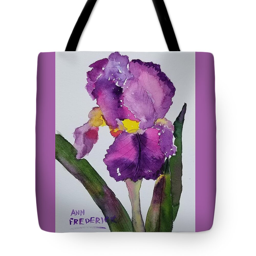 Purple Tote Bag featuring the painting Purple Bearded Iris by Ann Frederick