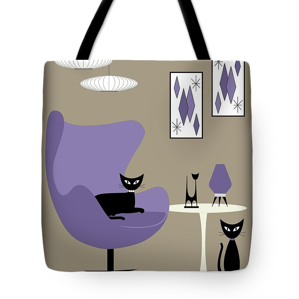Mid Century Modern Tote Bag featuring the digital art Purple Egg Chair with Cats by Donna Mibus