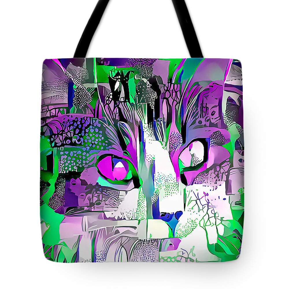 Kitten Tote Bag featuring the digital art Purple Fluffy Cat Abstract by Don Northup