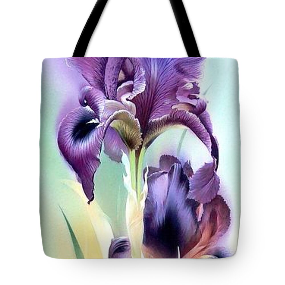 Russian Artists New Wave Tote Bag featuring the painting Purple Iris Flowers by Alina Oseeva