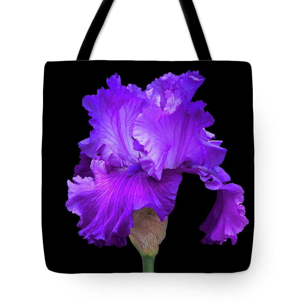 Purple Tote Bag featuring the photograph Purple Iris On Black by Deborah Harrison