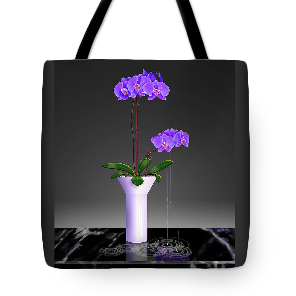 Phalaenopsis Orchids Tote Bag featuring the painting Purple Phalaenopsis Orchids in Vase by David Arrigoni