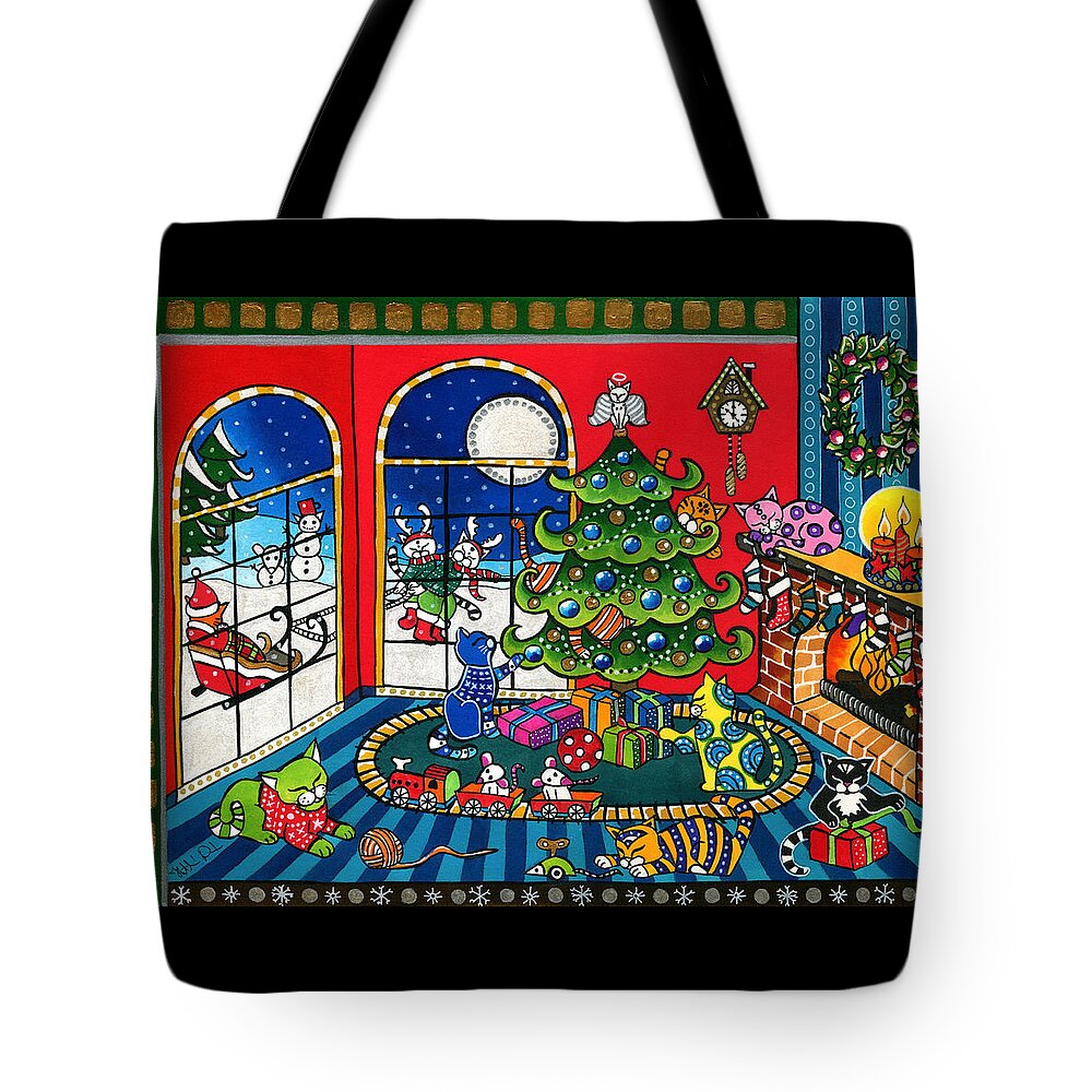 Purrfect Christmas Tote Bag featuring the painting Purrfect Christmas Cat Painting by Dora Hathazi Mendes