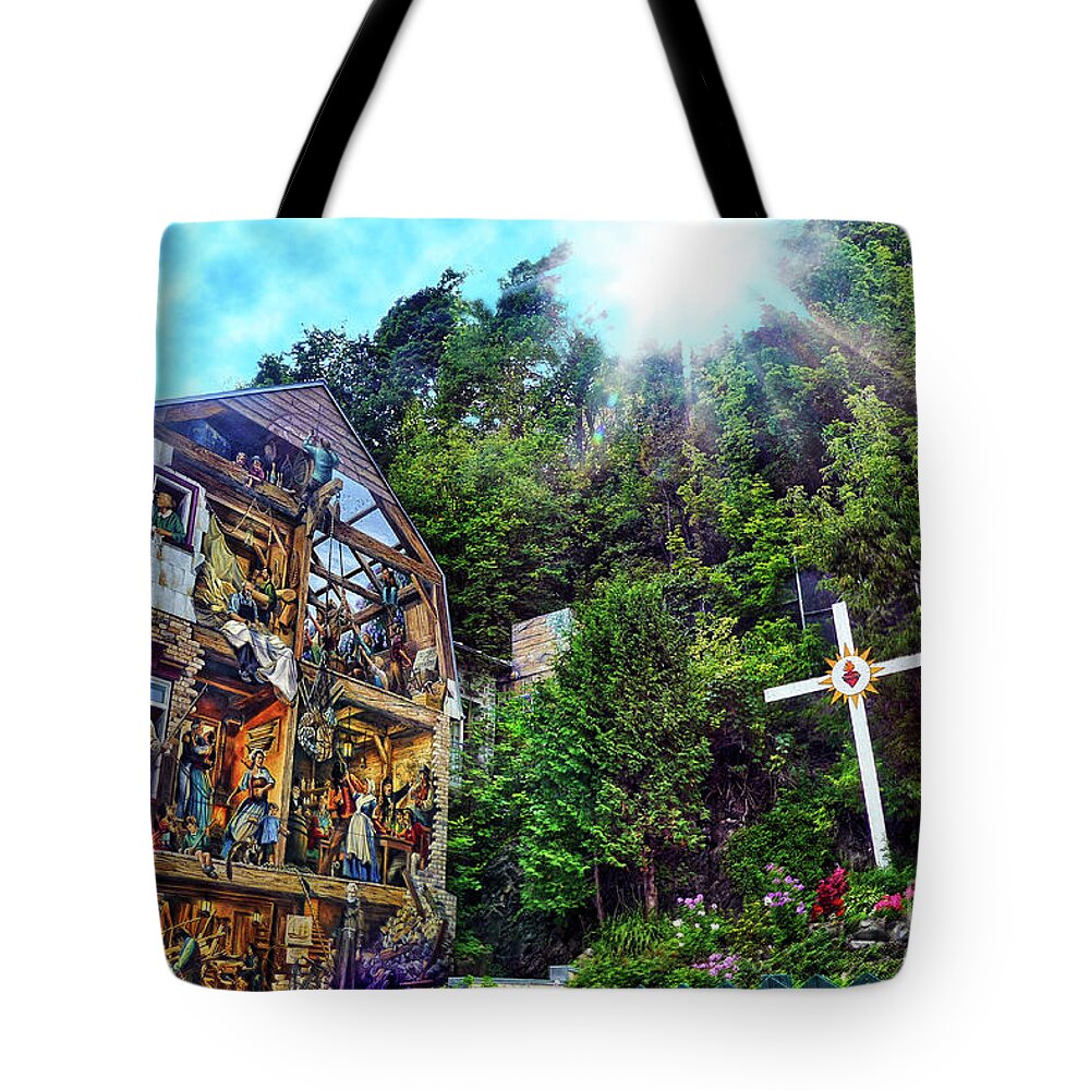 Fresque Du Petit-champlain Tote Bag featuring the photograph Quebec City Lower Town Mural by Amy Dundon