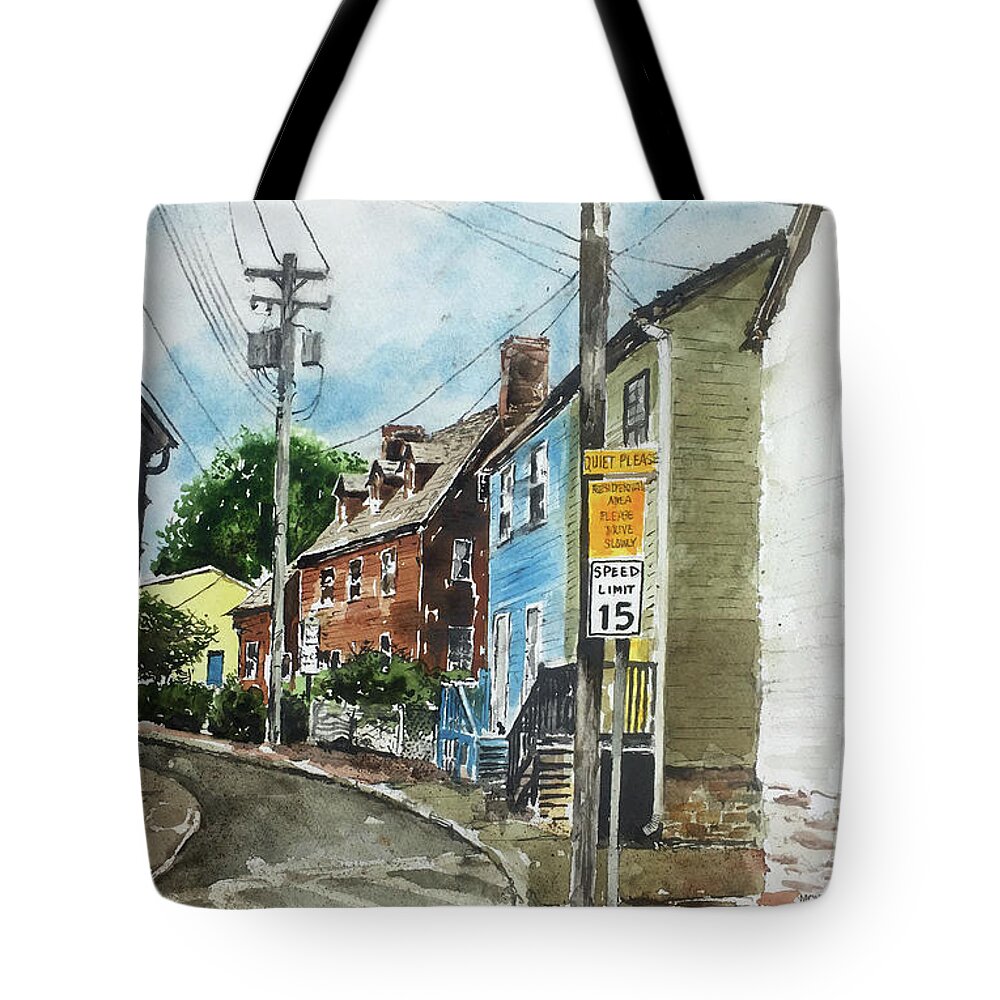 A Small Narrow Street In Annapolis Tote Bag featuring the painting Quiet Please by Monte Toon