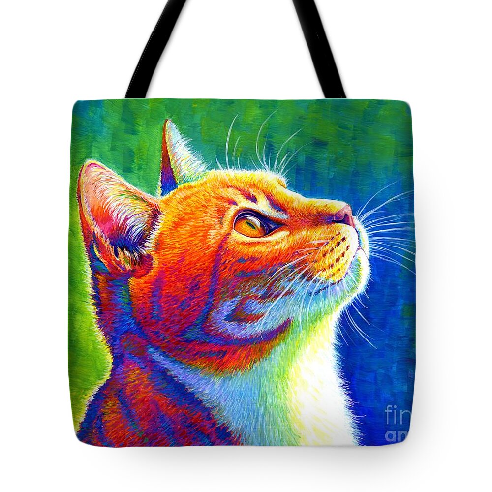 Cat Tote Bag featuring the painting Anticipation - Psychedelic Rainbow Tabby Cat by Rebecca Wang