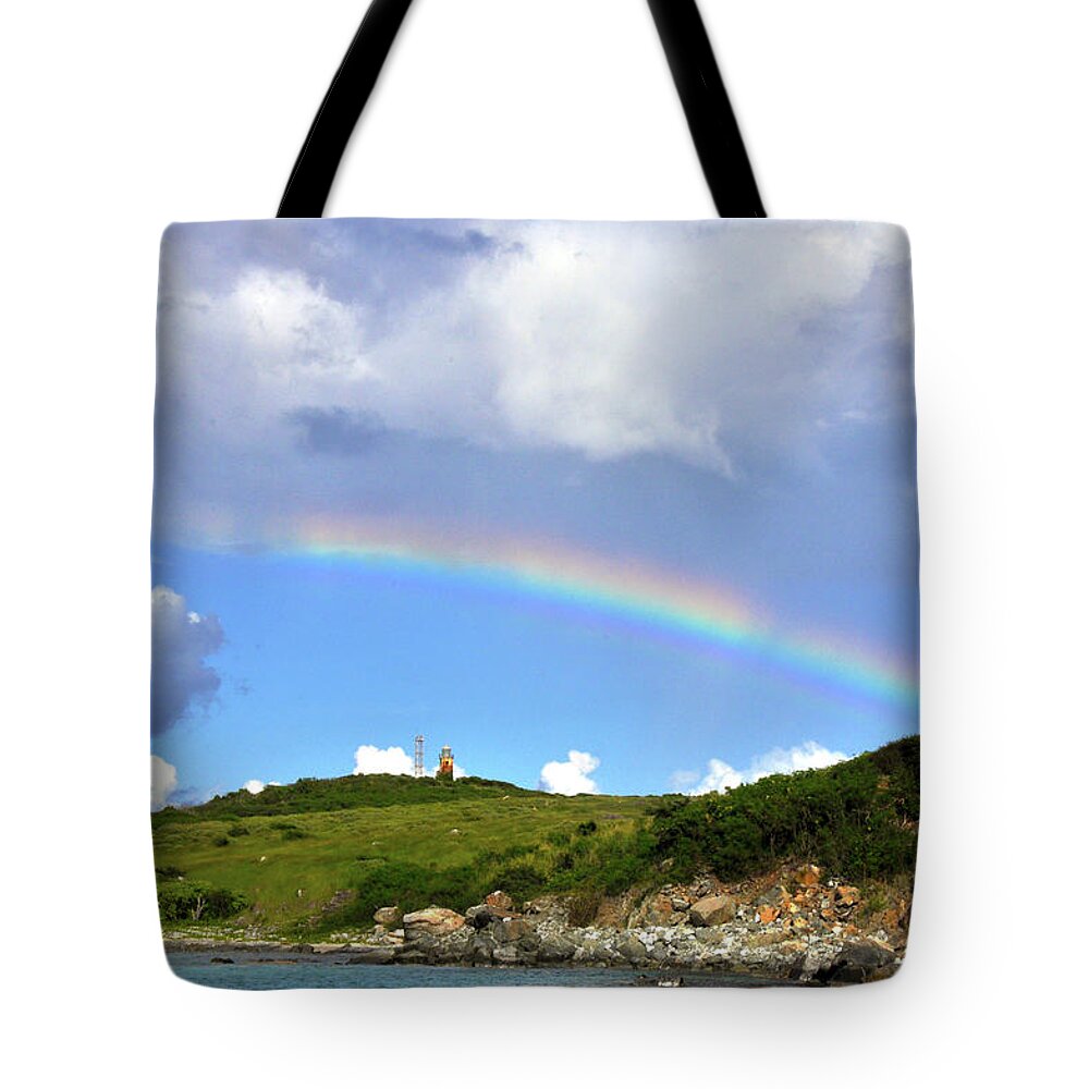 Rainbow Tote Bag featuring the photograph Rainbow over Buck Island Lighthouse by Climate Change VI - Sales