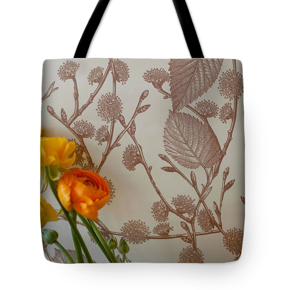 Wallpaper Tote Bag featuring the photograph Ranunculus On Floral Paper by Jennifer Causey