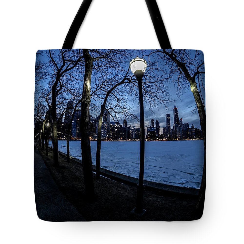 Chicago Skyline Tote Bag featuring the photograph really wide view of Chicago's lakefront by Sven Brogren