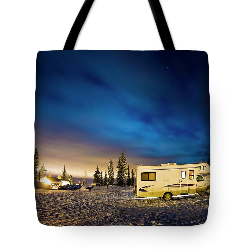 Camping Tote Bag featuring the photograph Recreational Vehicle Parked On Hillside by Gonzalo Manera