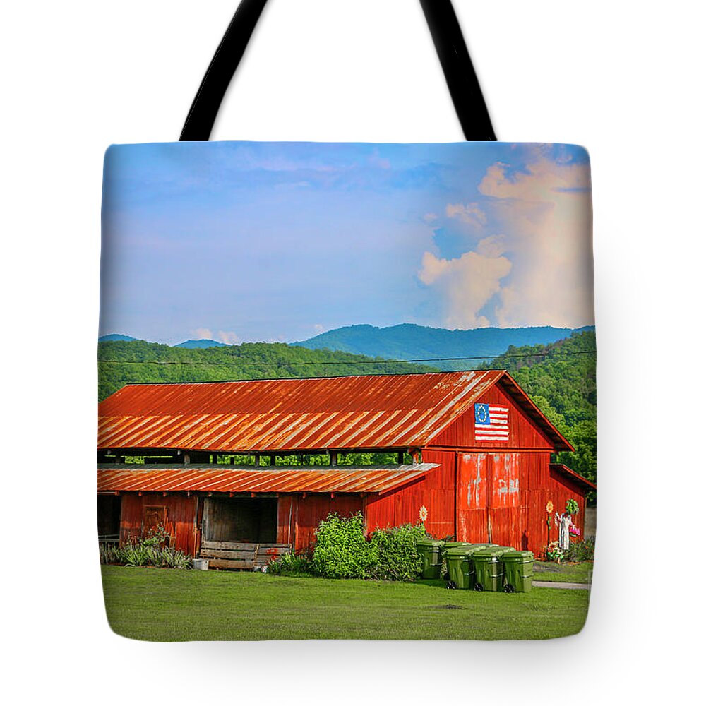 Barn Tote Bag featuring the photograph Red Barn and Blue Sky by Tom Claud
