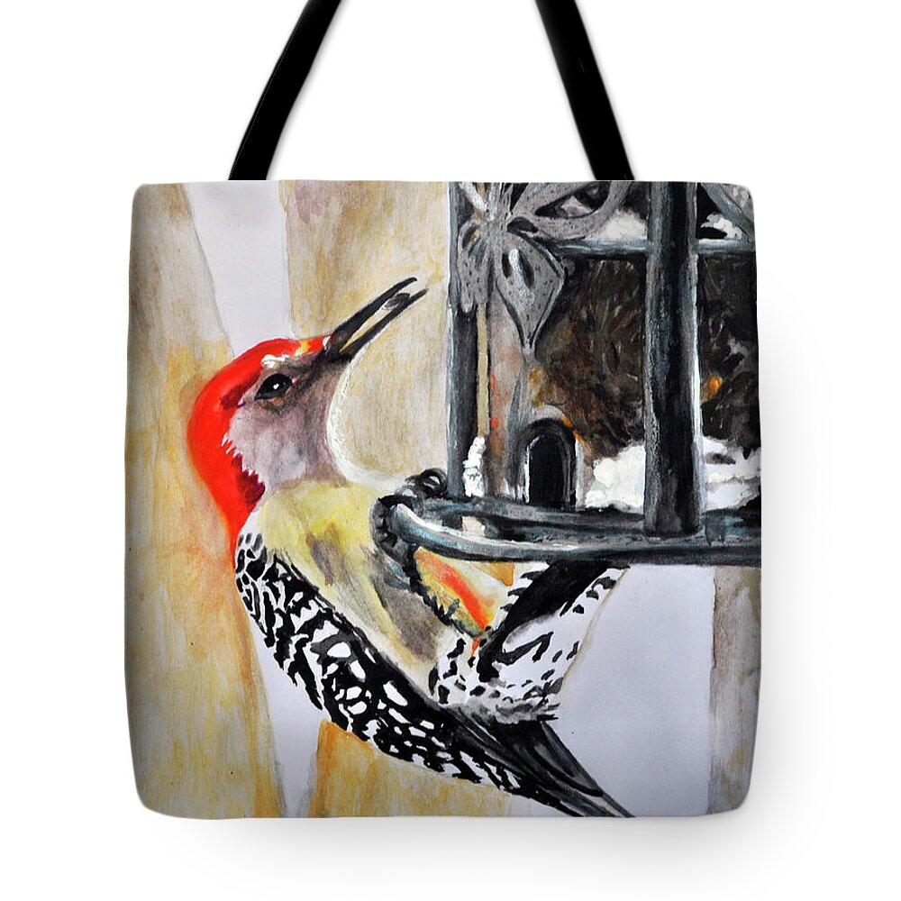 Woodpecker Tote Bag featuring the mixed media Red Bellied Woodpecker by Lori Moon