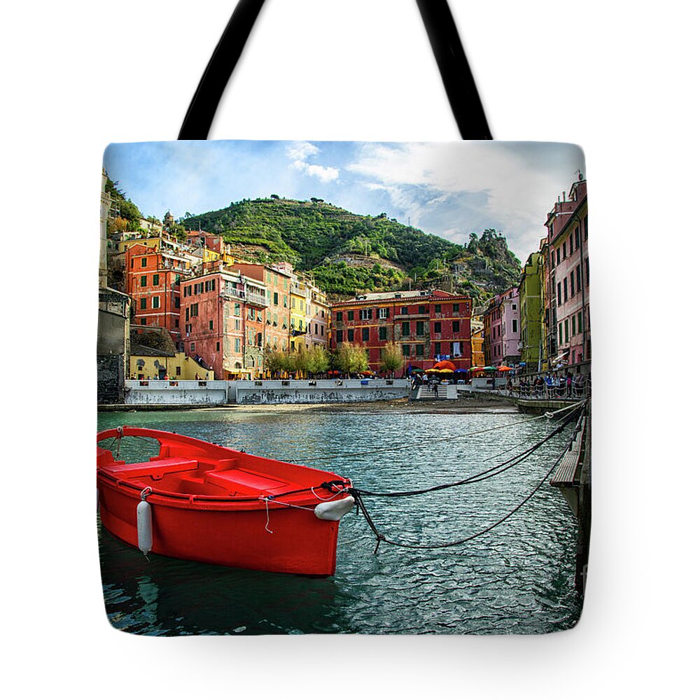 Vernazza Tote Bag featuring the photograph Red Boat Vernazza Cinque Terre by Wayne Moran