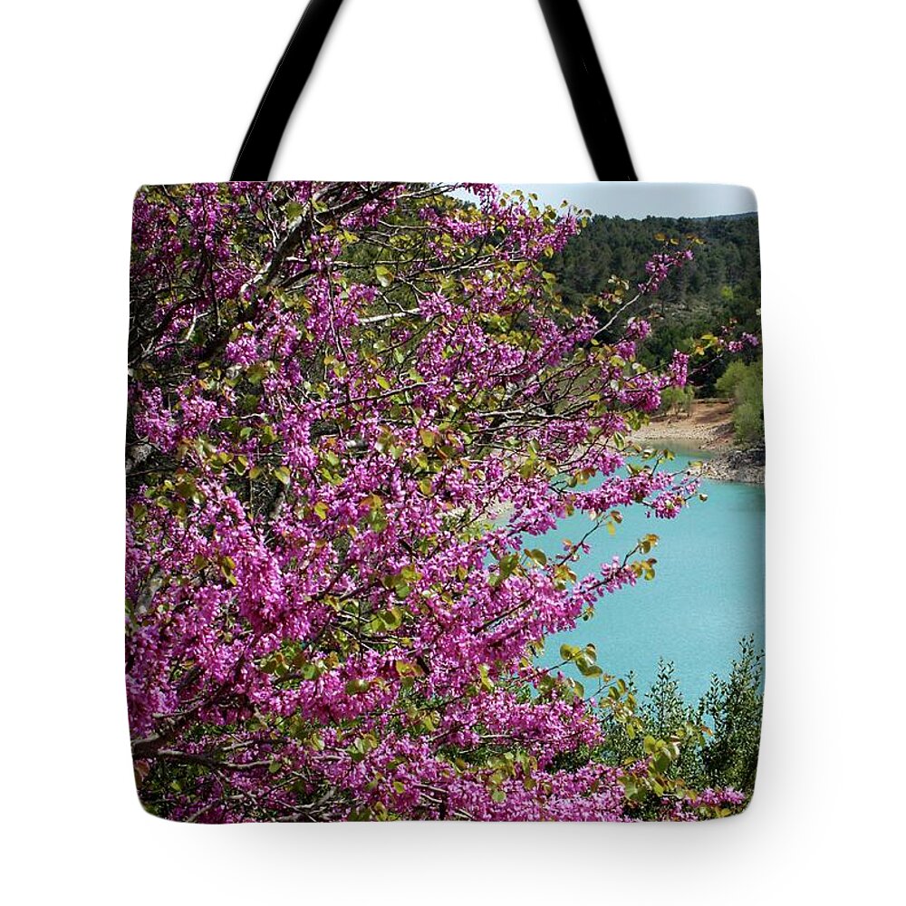 Tree Tote Bag featuring the photograph Red Bud and Turquoise Lake by Sarah Lilja
