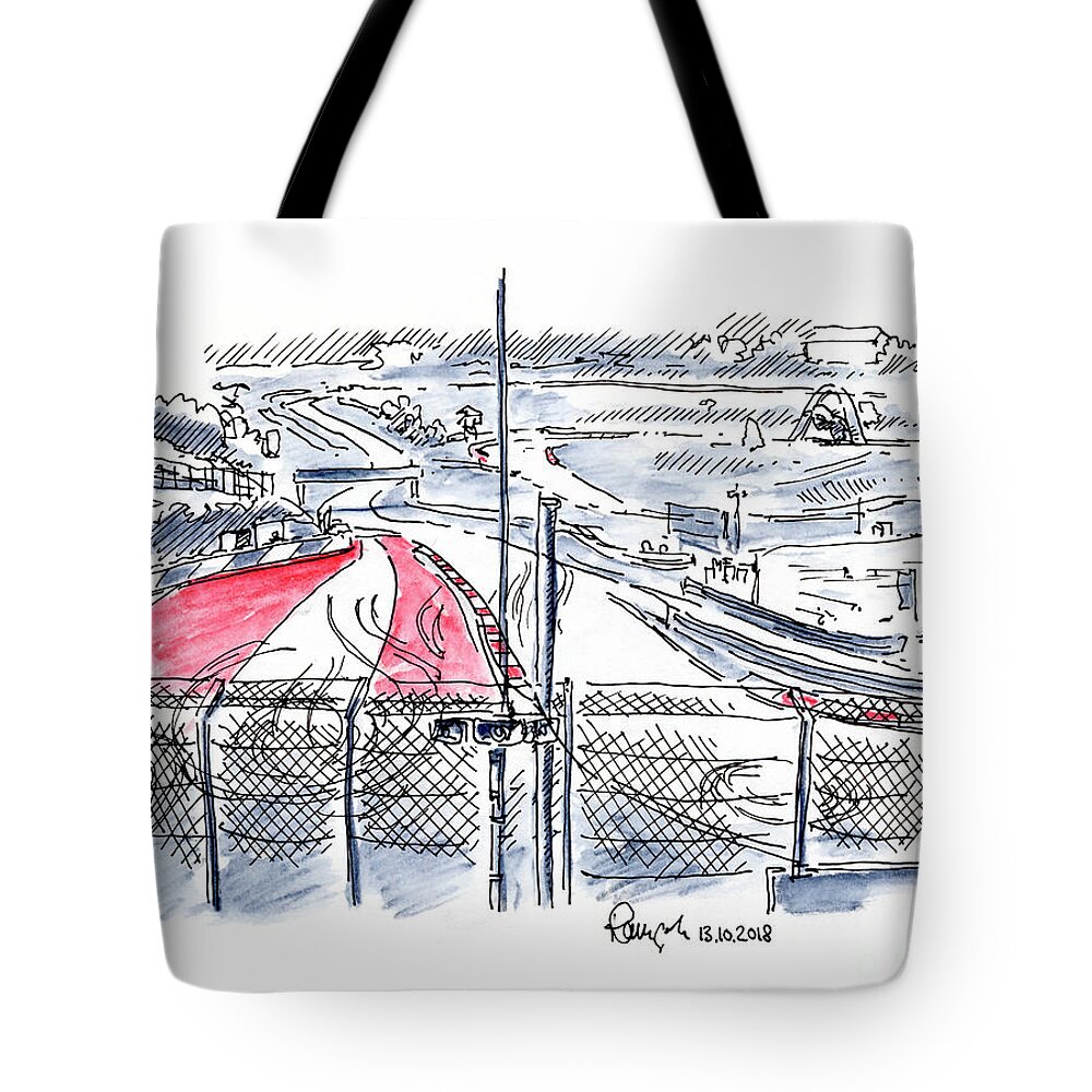 Red Bull Ring Race Track Ink Drawing and Watercolor Tote Bag