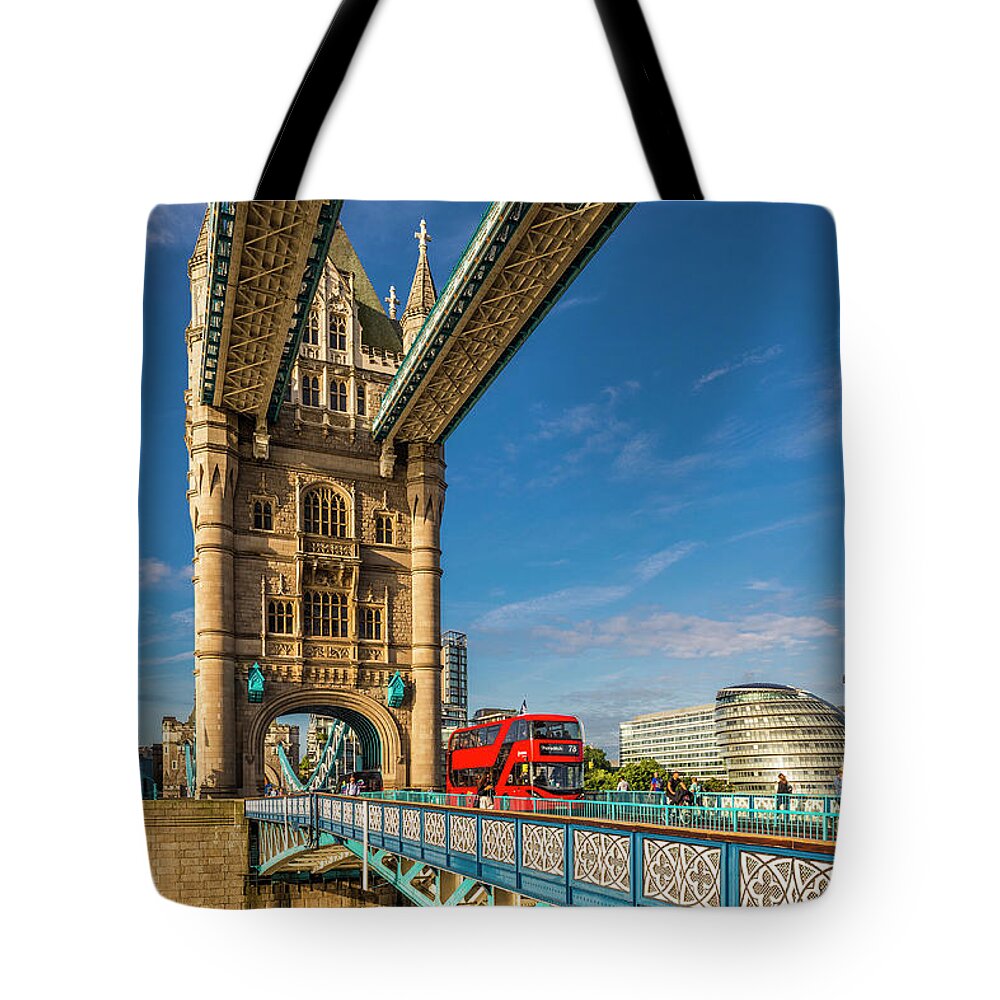 Estock Tote Bag featuring the digital art Red Bus On Tower Bridge, London by Alessandro Saffo