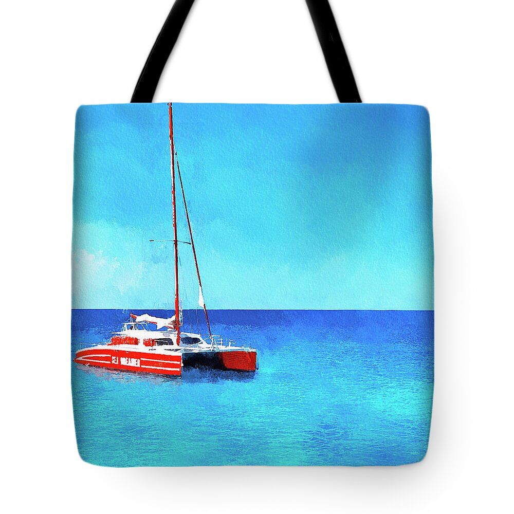 Catamaran Tote Bag featuring the photograph Red Cat, Blue Sea by GW Mireles