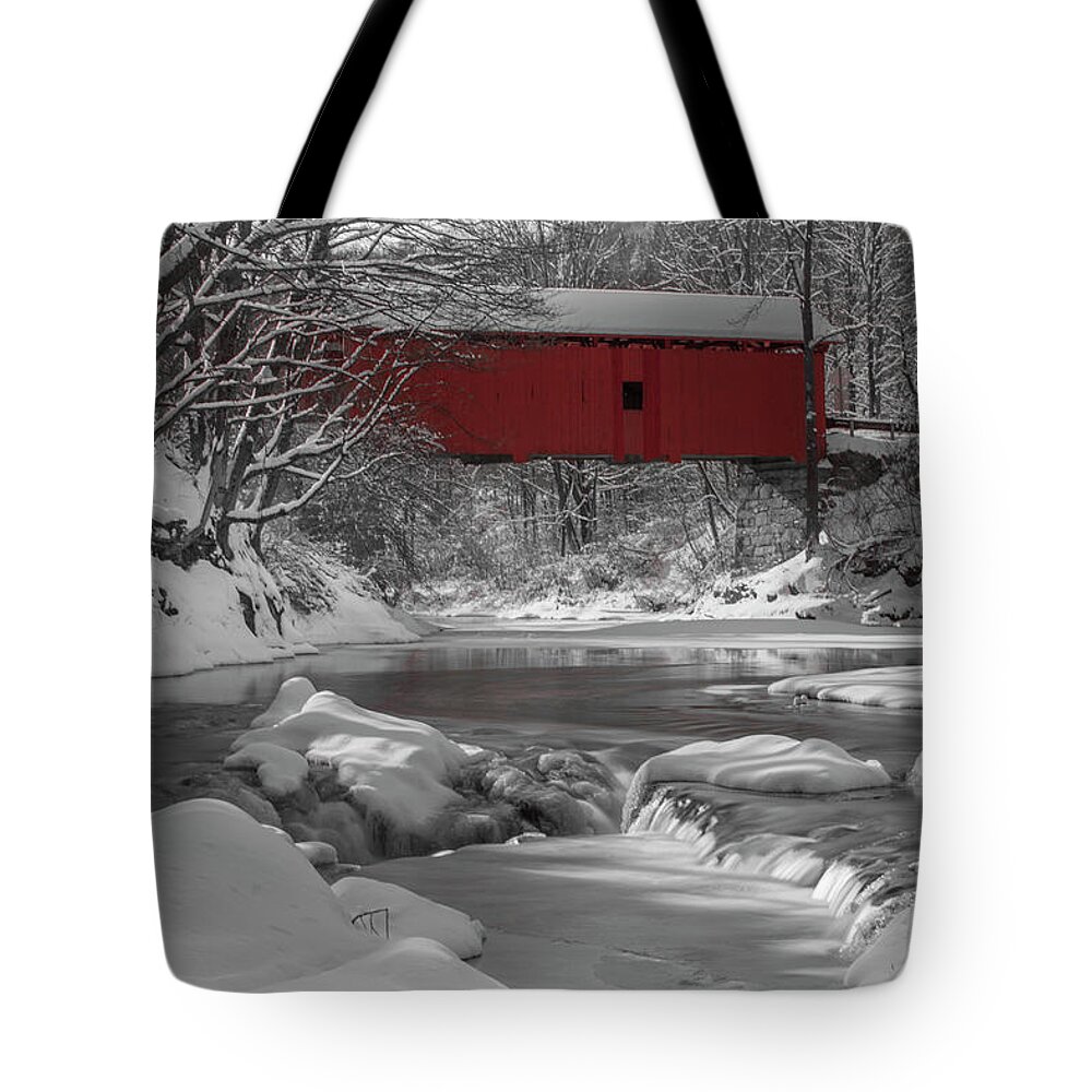Northfield Tote Bag featuring the photograph Red Covered Bridge by Rob Davies