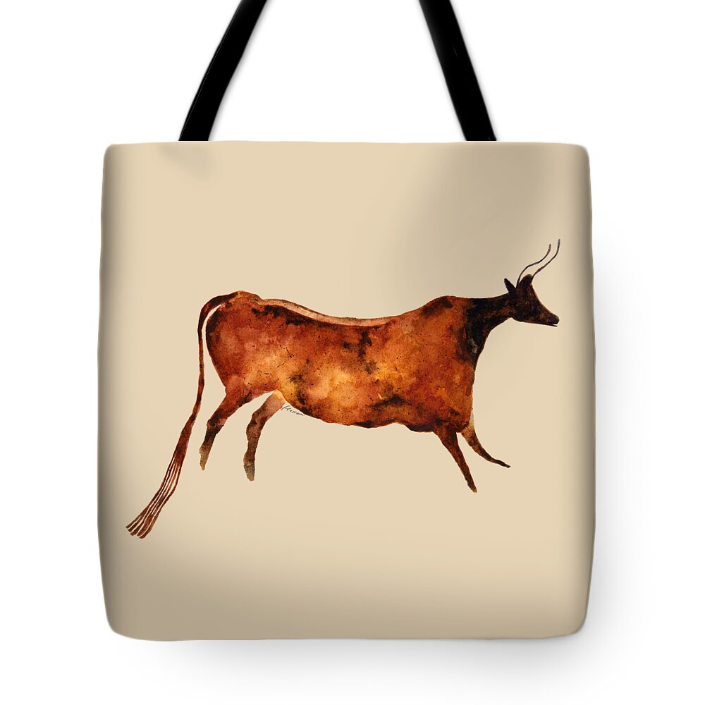 Cave Tote Bag featuring the painting Red Cow in Beige by Hailey E Herrera