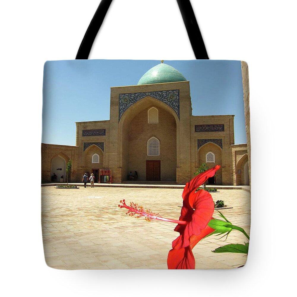 Arch Tote Bag featuring the photograph Red Hibiscus Bloom, Khast-imam Mosque by Ngaire Lawson