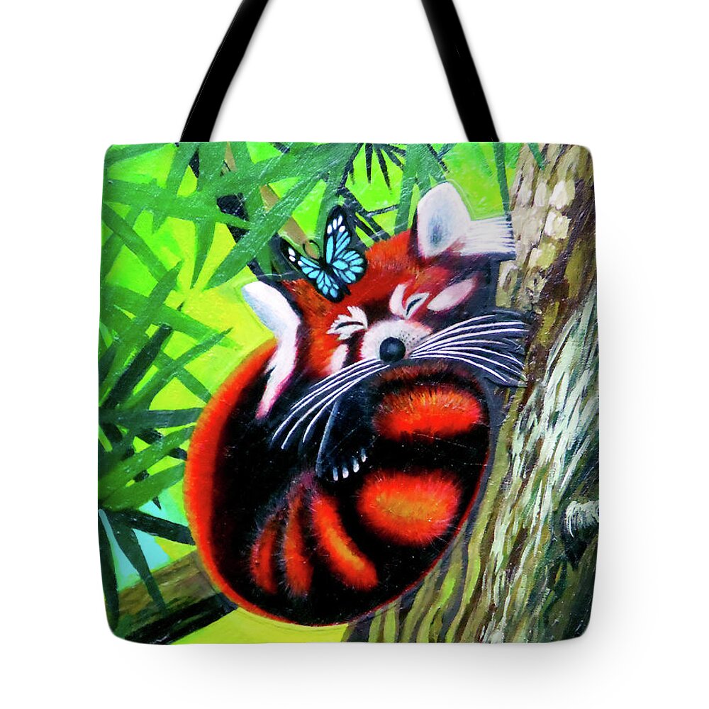 Red Panda Tote Bag featuring the mixed media Red Panda With Blue Butterfly by Genevieve Esson