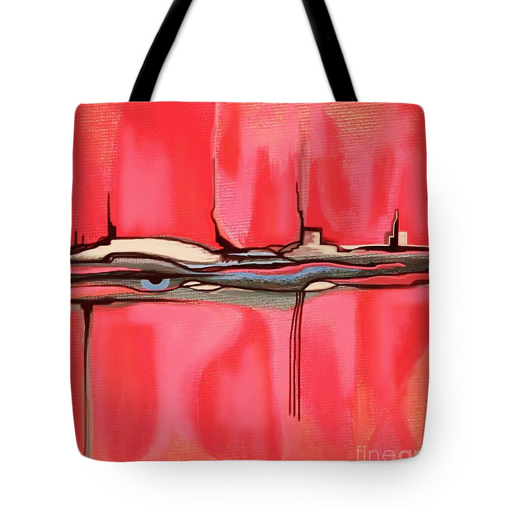 Digital Art Tote Bag featuring the mixed media Red Pink Peach Blue Eye in Pink Adobe World Abstract Landscape Wall Artwork by Delynn Addams by Delynn Addams