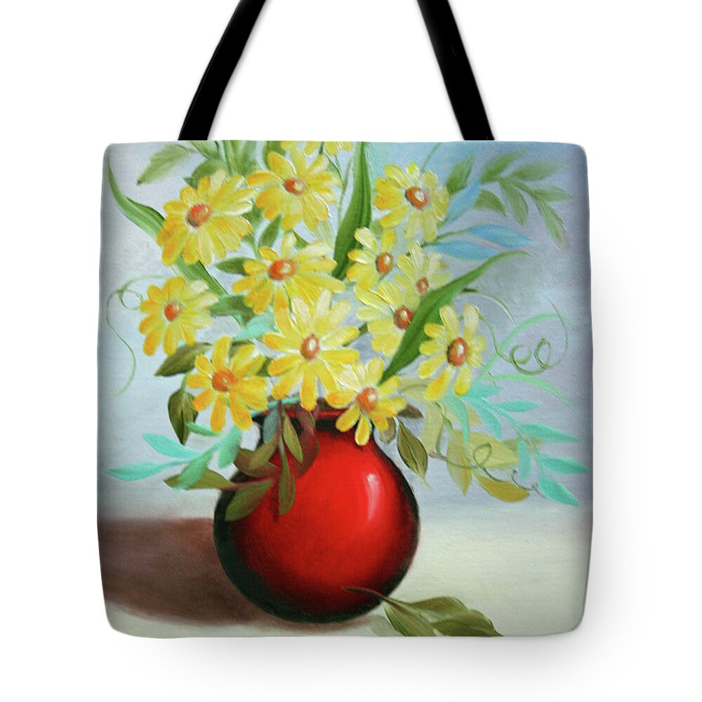 Red Pot Of Daisies Tote Bag featuring the painting Red Pot of Daisies by Jimmie Bartlett