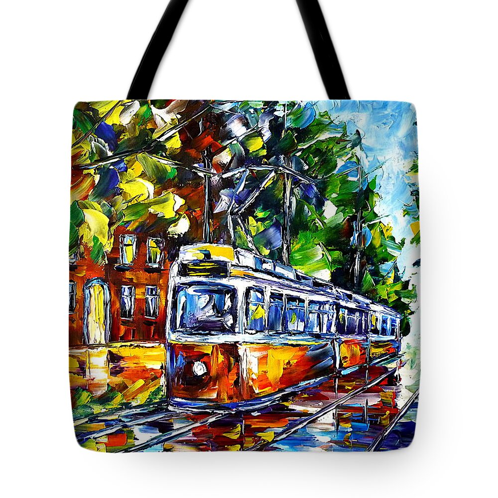 Trolley Lovers Tote Bag featuring the painting Red Trolley by Mirek Kuzniar