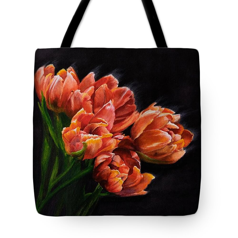 Still Life Tote Bag featuring the painting Red Tulips by Jeanette Ferguson