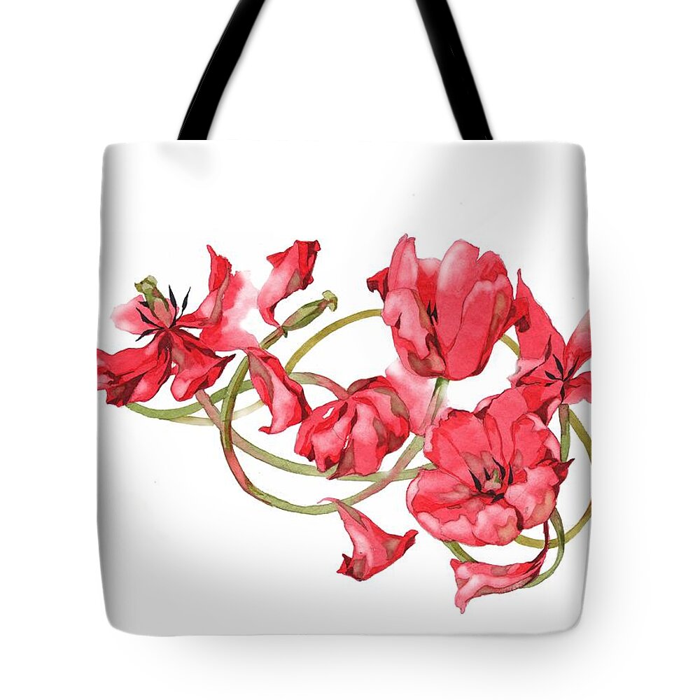 Russian Artists New Wave Tote Bag featuring the painting Red Tulips Vignette by Ina Petrashkevich