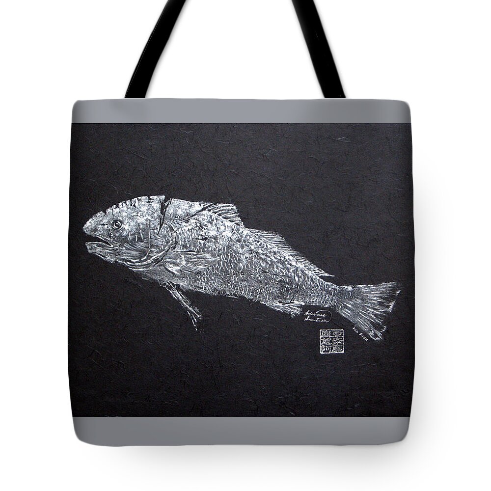 Redfish Tote Bag featuring the painting Redfish - Silver on Black Background by Adrienne Dye