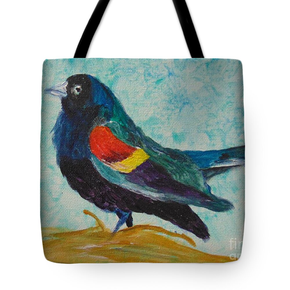 Red Tote Bag featuring the painting Redwinged Blackbird by Saundra Johnson